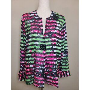 Multiples Womens Long Sleeves Top Green Pink Black Accents Size 0X A225